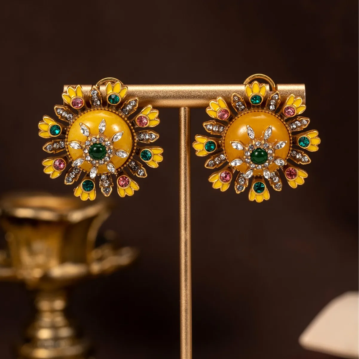

Medieval Vintage Yellow Agate Handmade Enamel Sunflower Earrings Palace Style Natural Stone Middle Age Earrings Vintage Jewelry