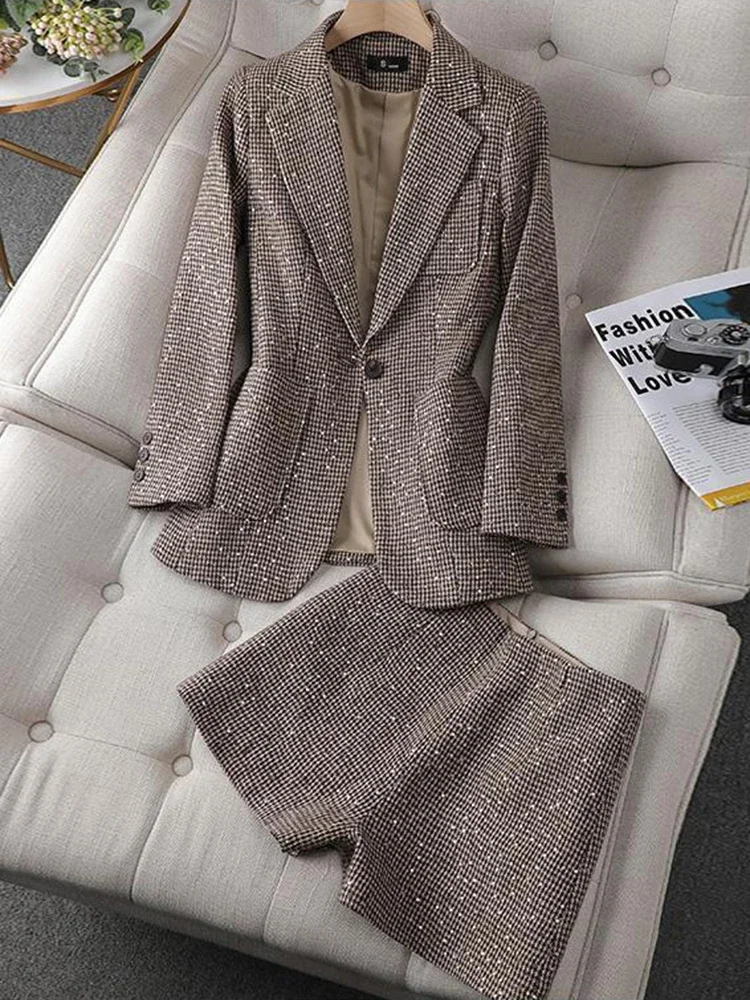 2024 New Women\'s Harajuku Loose Suit Sequin Shorts Two-Piece Set New Spring Autumn Jacket Blazer+Shorts Loose 2 Piec A976