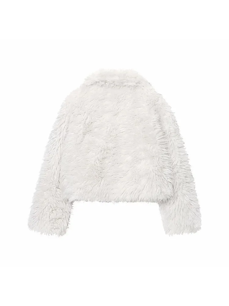 Chaqueta con efecto de piel sintética y solapa ancha para mujer, abrigo corto decorado con bolsillo y temperamento elegante, otoño 2025