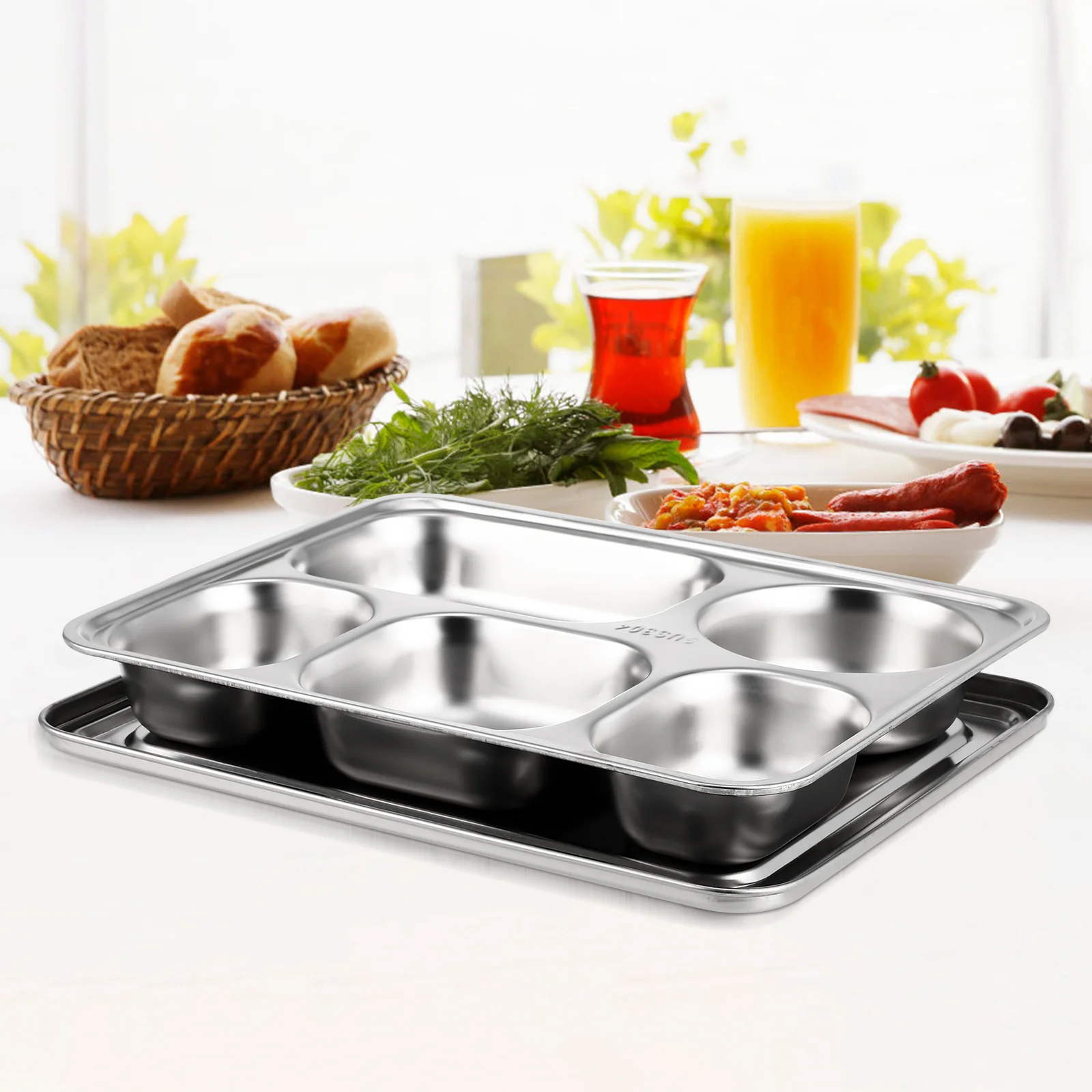 

1 set Stainless Steel Divided Plate 5 Grids Food Serving Tray Kids Lunch Home Use Thickened Snack Fruit Dish Kitchen Tableware