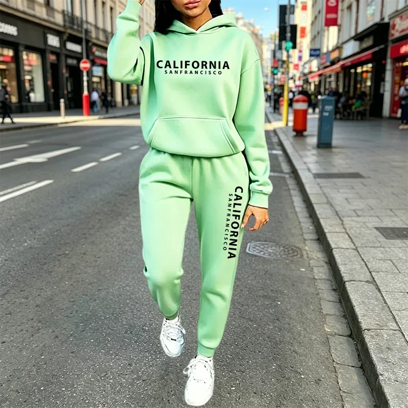 Urban Casual Fashion Hoodie Jogger Suit Autumn Winter Outfit California Print Women's Tracksuit Hooded Sweatshirt and Sweatpants view 5