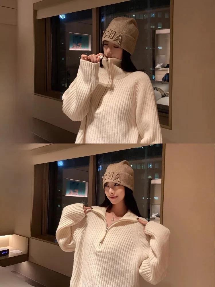 

Женский зимний свитер EKOOL с высоким воротником и молнией, утепленный, красный, свободного кроя, в корейском стиле, длинный рукав, новинка к Новому году