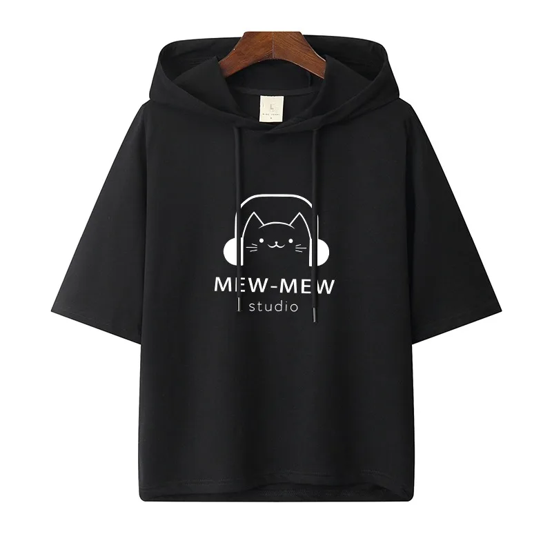 

Cartoon Cotton Short Sleeved Hoodie Japanese Loose Oversized Hooded T-shirt Fashionable Men's Clothing Breathable Sports Top New