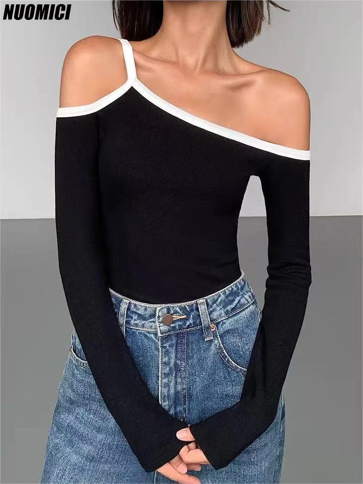 

NUOMICI черная трикотажная нижняя рубашка нерегулярной формы с открытыми плечами и длинными рукавами, футболка, осенняя женская одежда, французский сексуальный шикарный тонкий топ