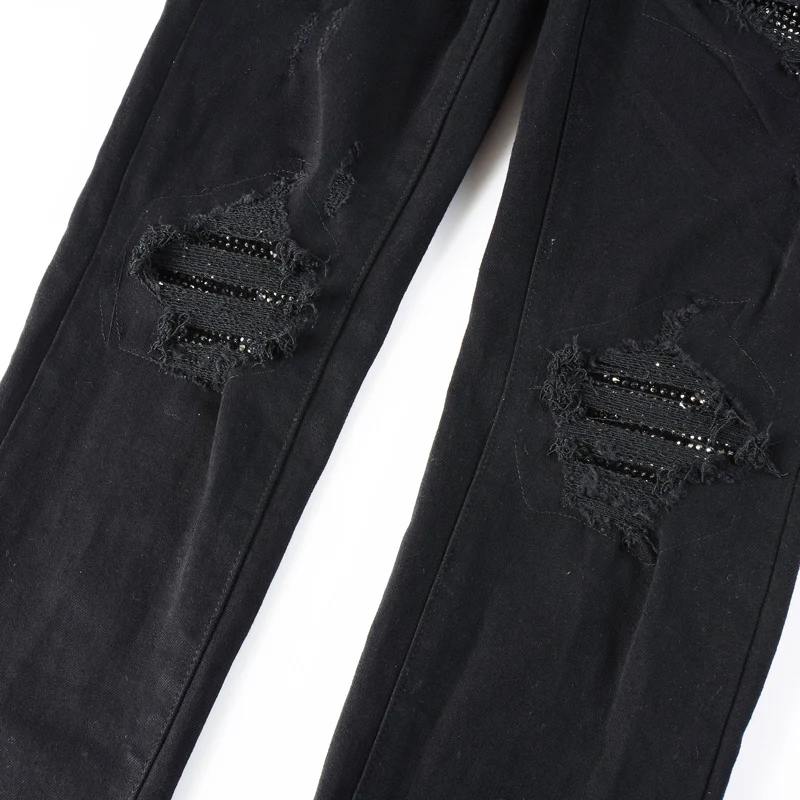 Pantalones vaqueros de moda de venta al por menor para hombre, pantalones vaqueros rasgados ajustados elásticos negros, pantalones vaqueros de Hip Hop de marca de diseñador parcheados con cuentas para hombre