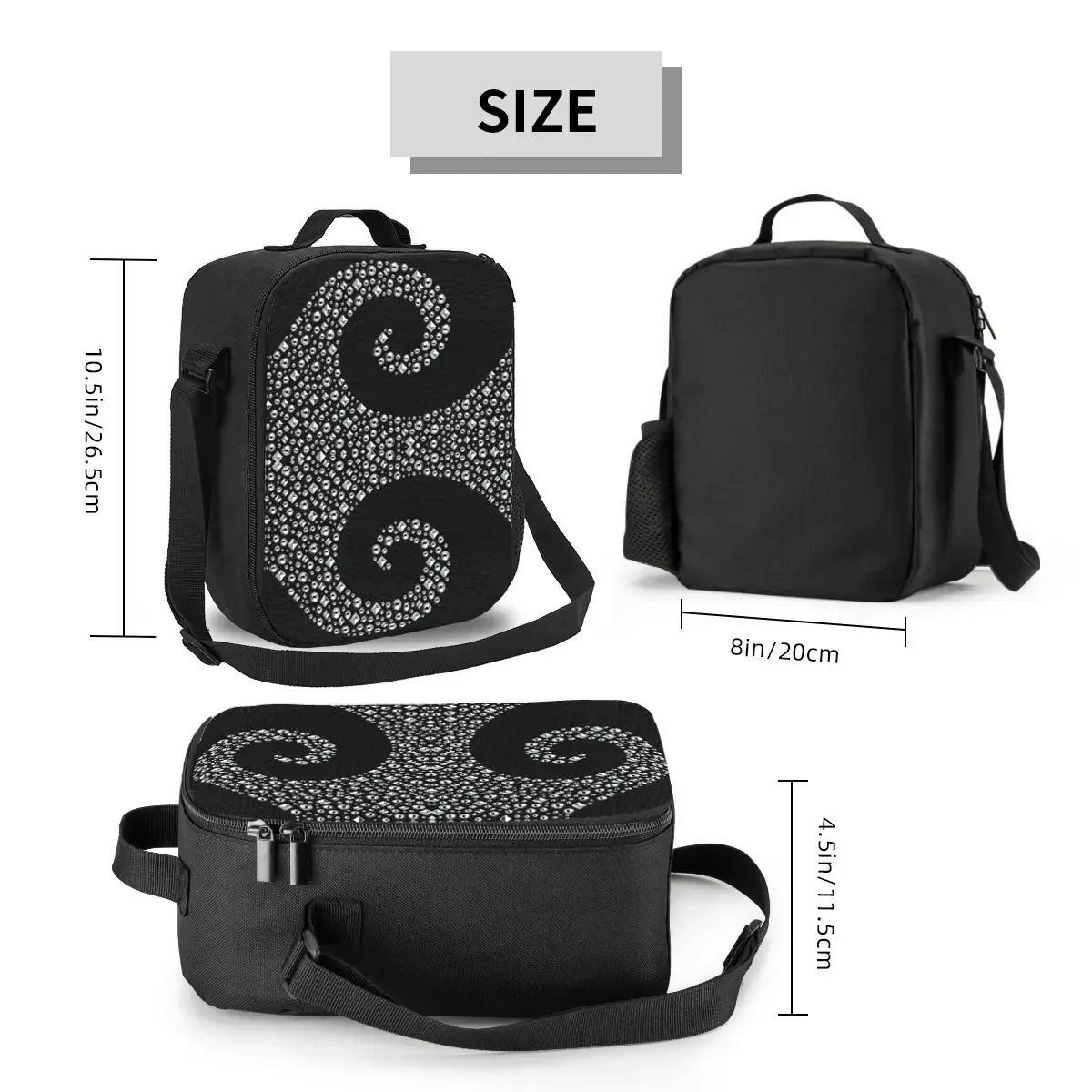 Black Leather With Silver Stud Swirl Insulated Lunch Bags for Women Textures Portable Cooler Thermal Food Bento Box School