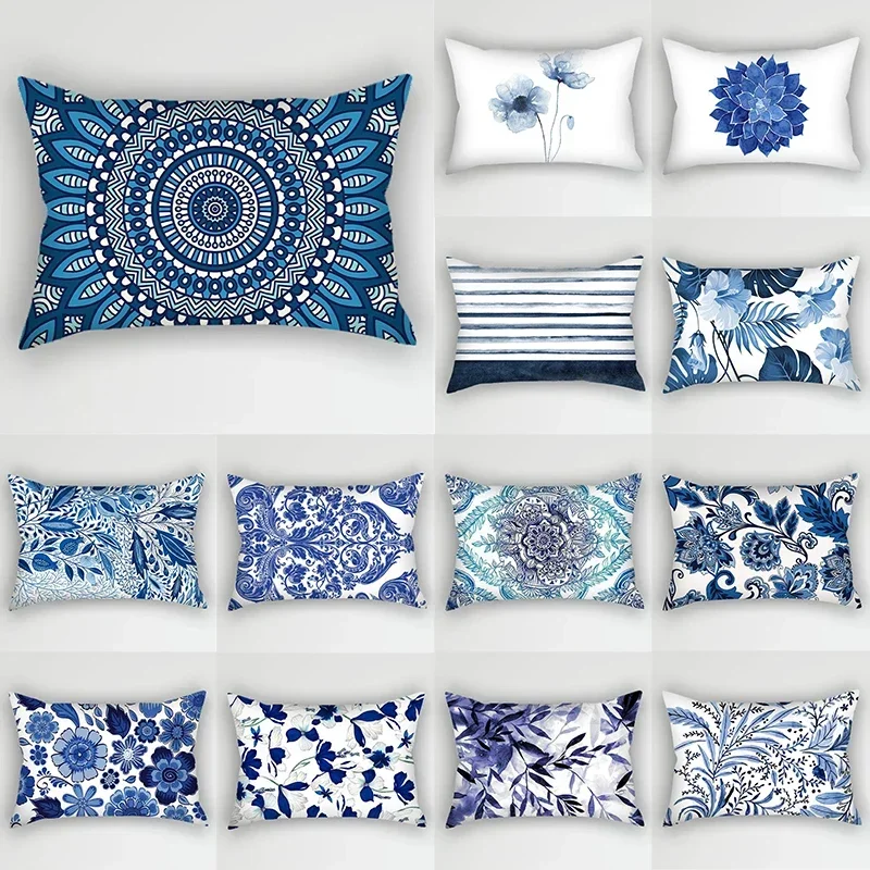 Blue Polyester Printed Pillowcase Ink Flower And Leaf Pattern   Stripe Cushion Cover Home Decor