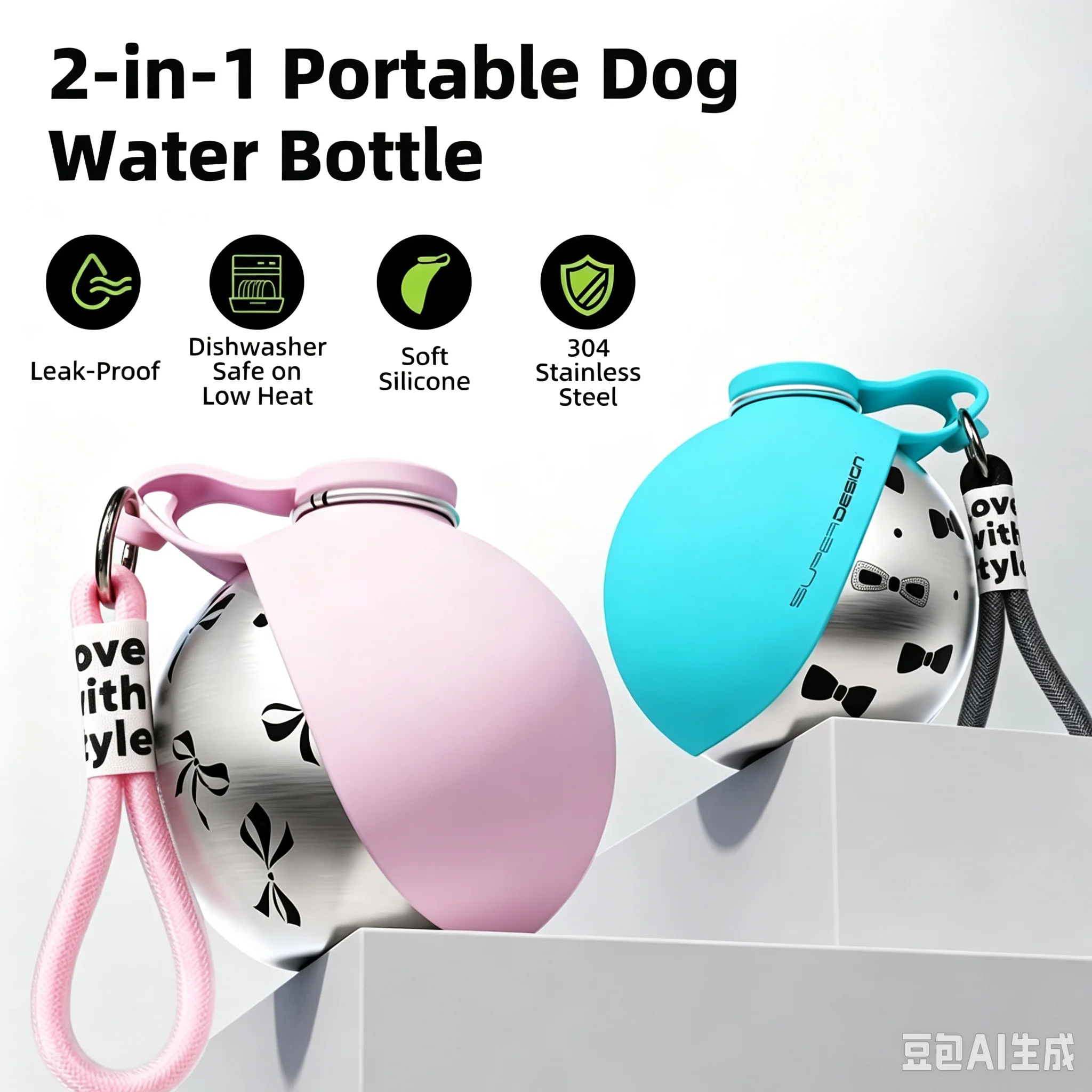 2‑in‑1 Leak‑Proof Compact Portable Dog Travel Water Bottle, Stainless Steel Pet Drink Bottle for Small Dogs with Silicon