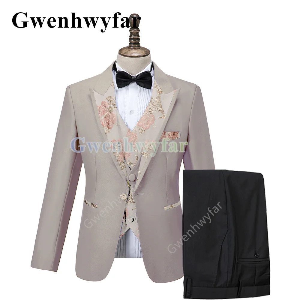 

Gwenhwyfar Trend New Style Beige Blazer Pants Vest Design Slim Fit Three Piece Tuxedo Groom Suit Custom Prom Party Jacket