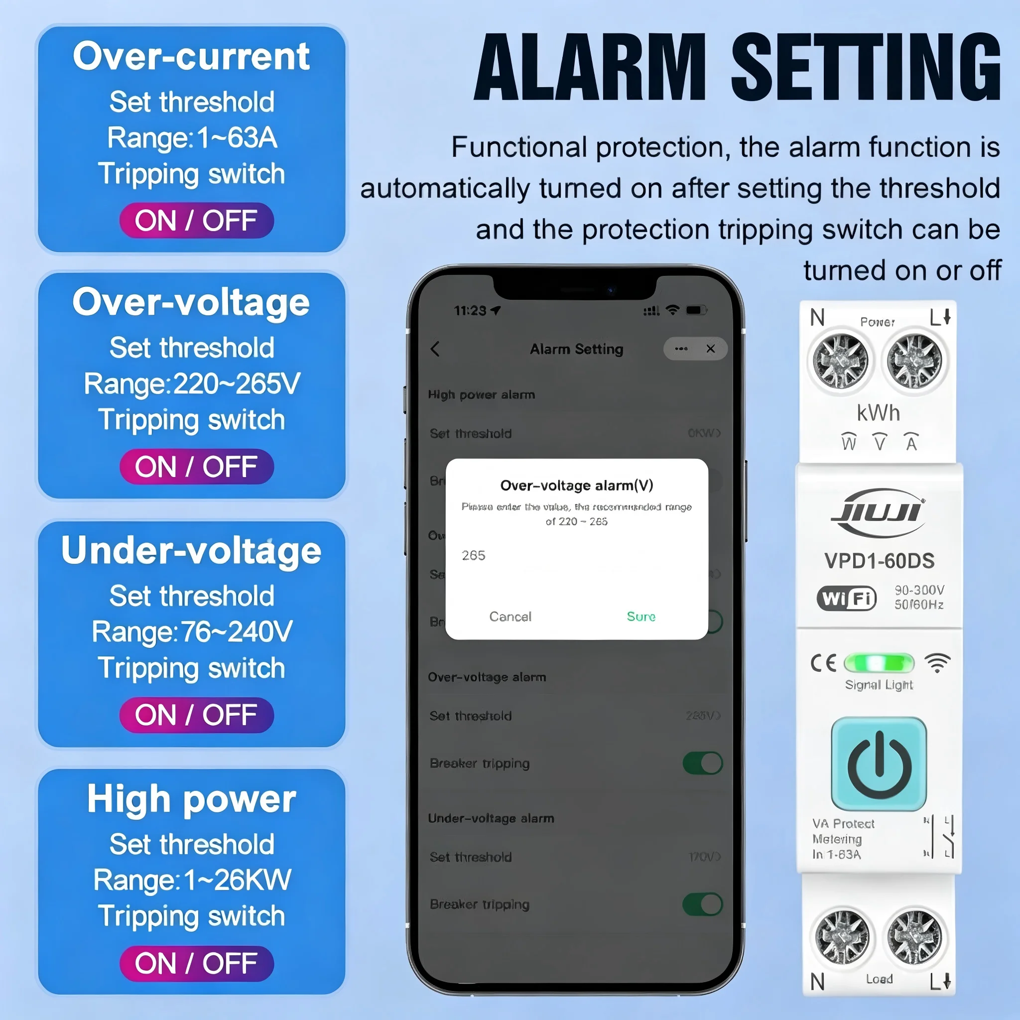 JIUJI 63A 1P+N WiFi Smart Switch with Energy Metering KWh Monitoring Timer MCB TUYA Breaker Compatibility for Smartlife Voltage