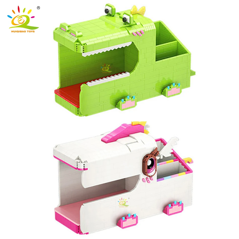 HUIQIBAO Crocodile Unicorn Model Tissue Box Building Blocks Organizer Desktop Ornaments Bricks Educational Toys for Children