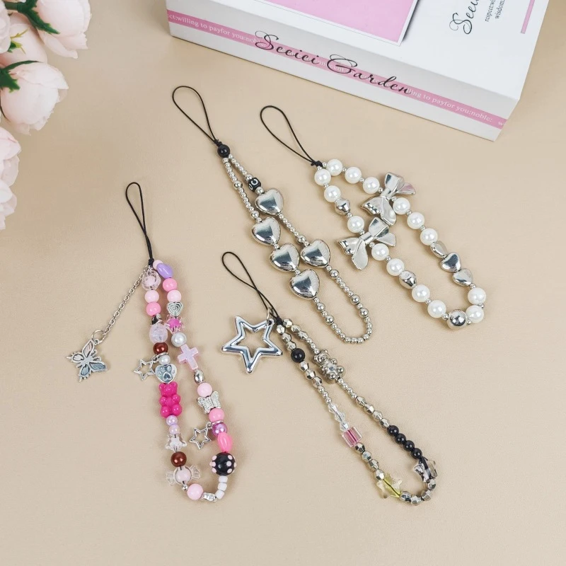 Korea Cute Charm Love Heart Bowknot Phone Chains For Women Girl Telephone Jewelry Strap Beaded Lanyard Hanging Cord Accessories