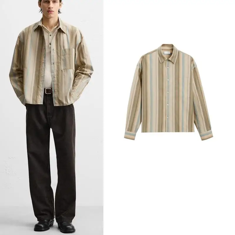 

New Autumn Winter Men's Casual Cotton Long Sve irt Loose Striped Turn-down Collar Top Youth Spring Stand Fit Striped