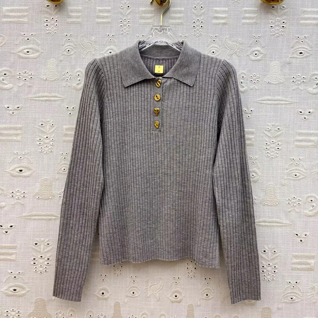 Novo outono básico all-matched pulôver de malha feminino lapela novidade botões manga longa cor sólida fino ajuste casual chique camisola