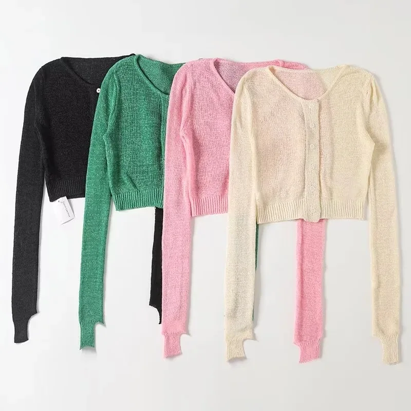 2023 Woman V collar Full Sleeve Short Jumper Knitwear Autumn See Through Single-Breasted Buttons Pointelle Knit Cardigan Sweater