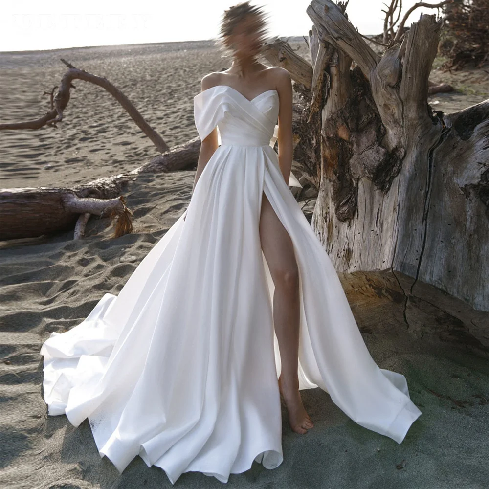 UETEEY Customized Asymmetrical One Shoulder Satin A Line Wedding Dress Women Simple Open Back High Slit Court Train Bridal Gown