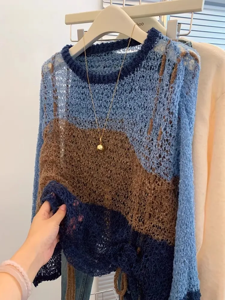 Slimming Lace-Up round Ne Knitwear Casual Hollow out Thin Long Sve Women's Autumn Sle Comfortable Breathable Top irt