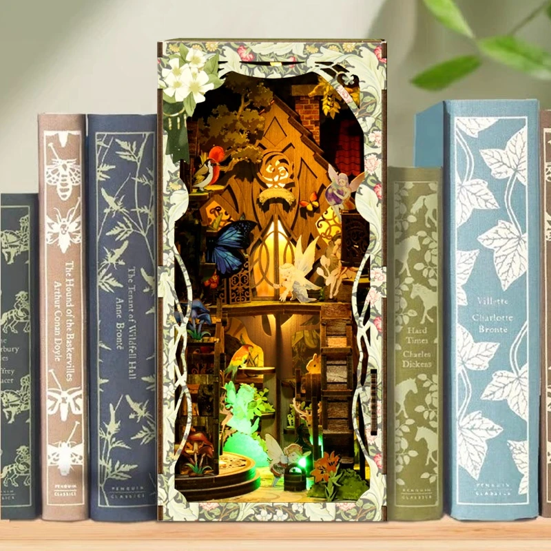 DIY Wooden Book Nook Shelf Insert Secret World of The Forest Miniature Model Kits With Furniture Bookshelf Bookend Friends Gifts