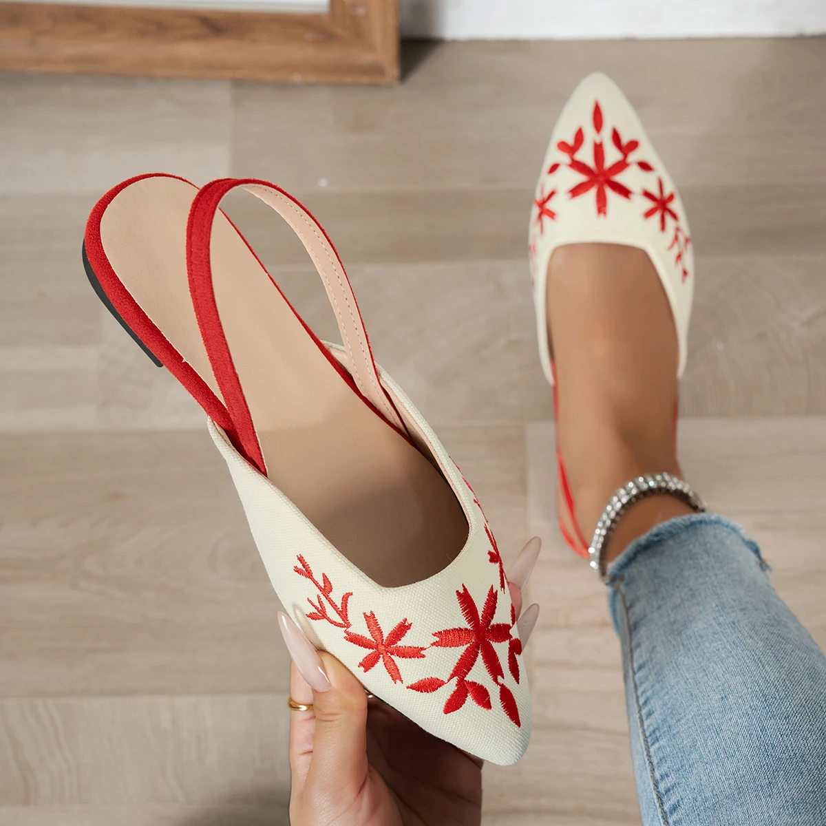 ‌Women Pointed Toe Sandals Floral Embroidery Slingback Sandals Ankle Strap Buckle Office Comfort Shoes Lightweight Shoes Women