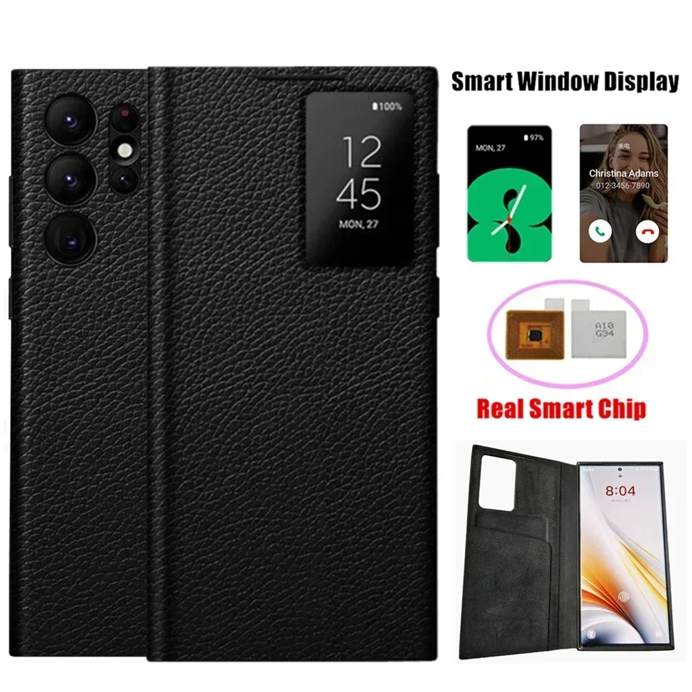 Cephalic dermis Leather Smart View Wallet Flip Phone Case For Samsung Galaxy S24 Ultra/S23Ultra Free-flip Cover With smart chips