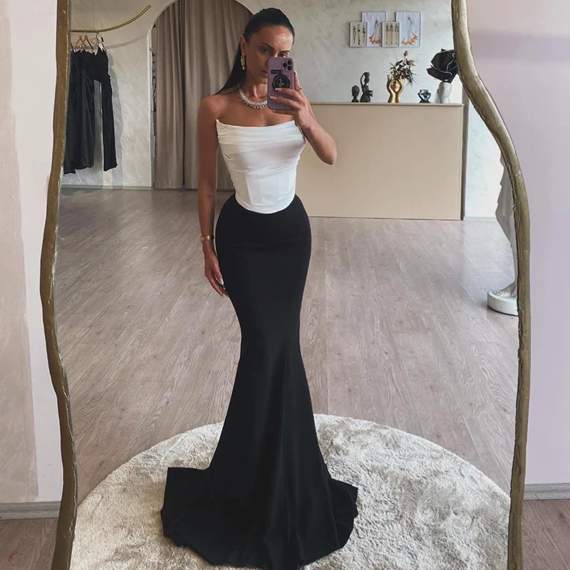 

Thinyfull Sexy Mermaid Prom Evening Dresses Saudi Arabia Black and White Party Dress Women Night Cocktail Prom Gowns Plus Size