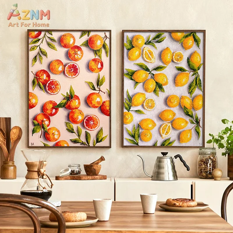 AZNM Boho Fruit Oil Painting Canvas Wall Art, Orange Lemon Citrus Botanical Print Modern Kitchen Dining Room Home Wall Decor Unf
