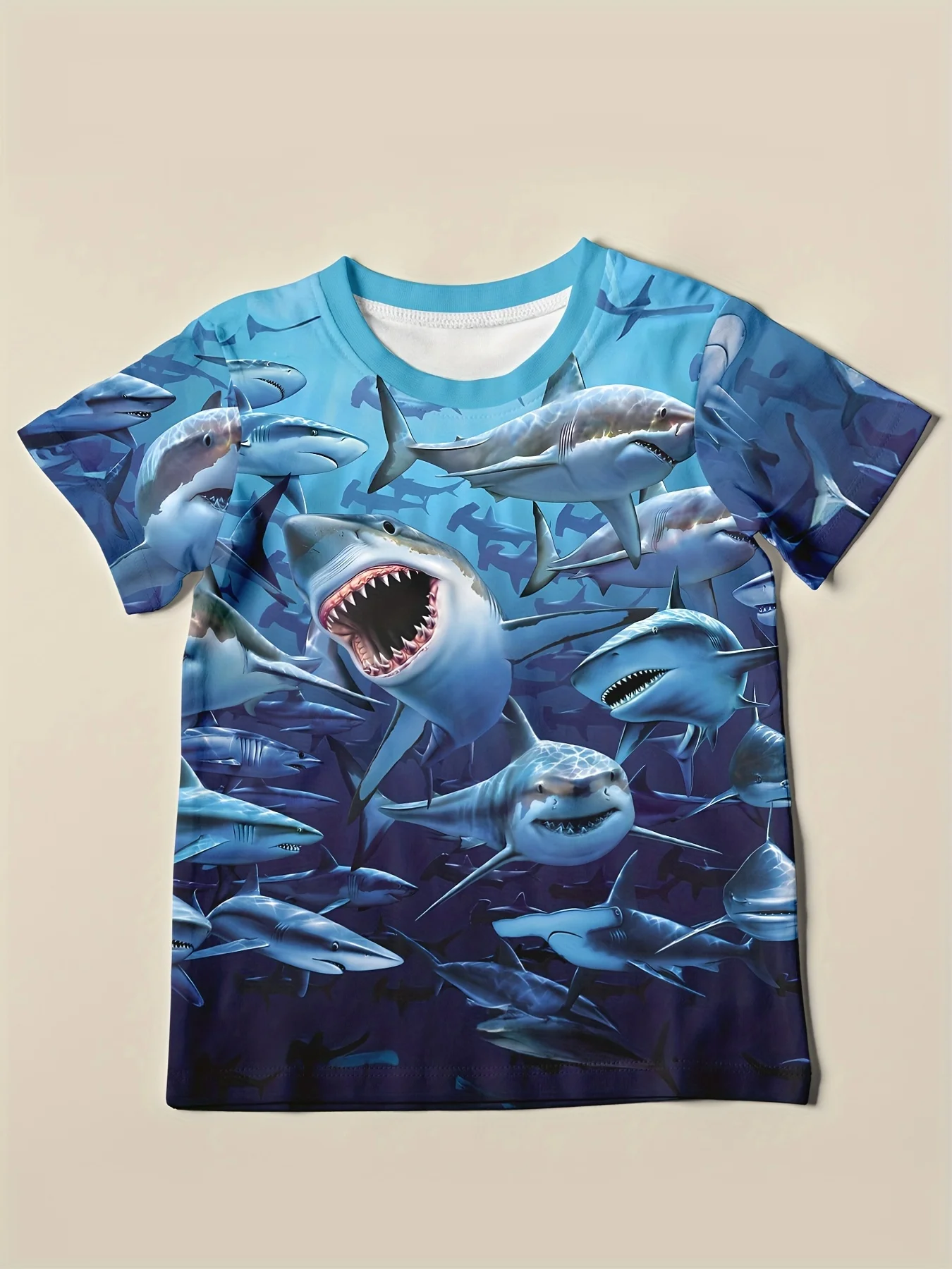 3D Printed Deep Sea Shark Boys Round Neck t-shirt Short Sleeve Peplum Casual Summer Micro Stretch Ice Silk Fabric T-Shirt Top