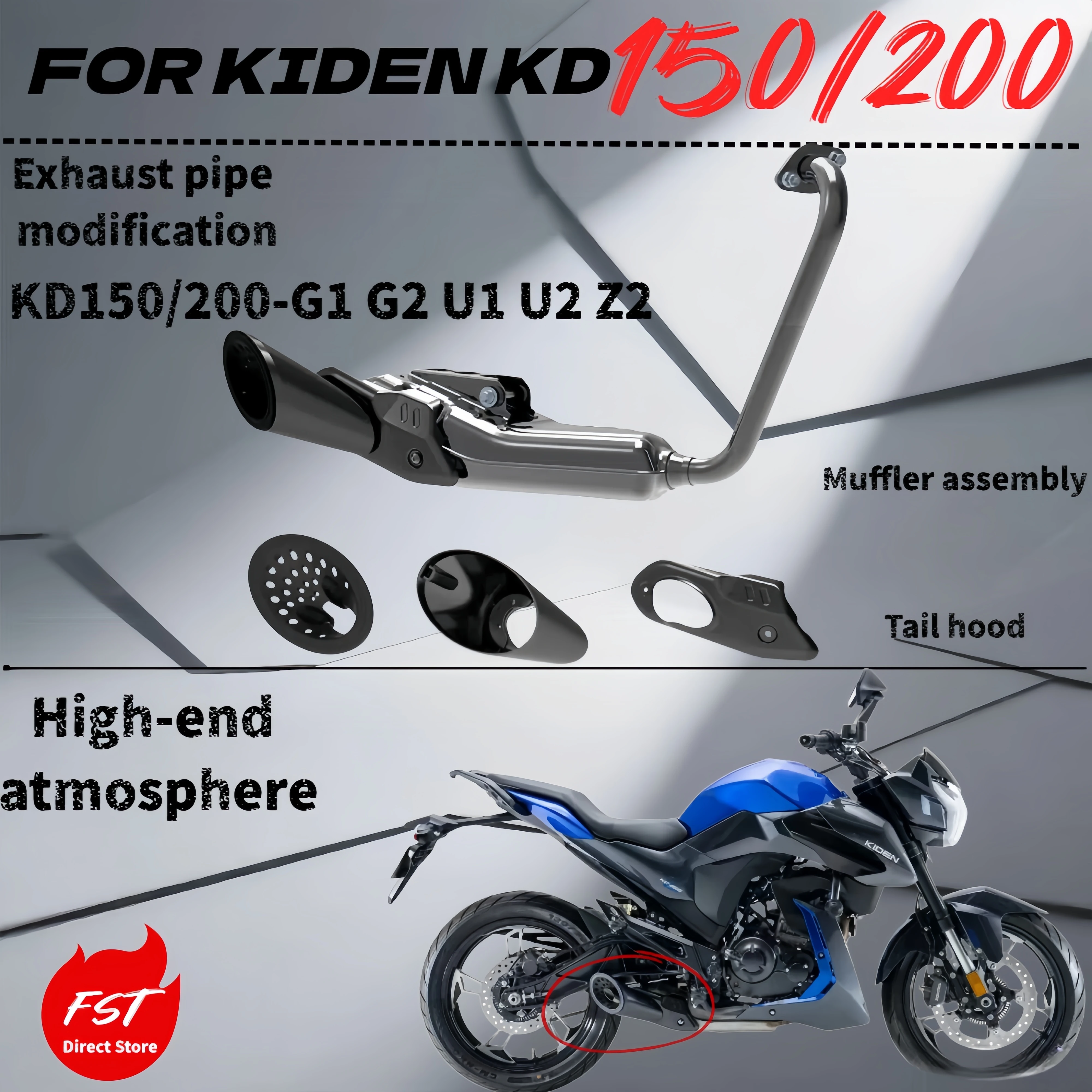 

For KIDEN KD150/200-G1 G2 U1 U2 Z2 exhaust modification muffler assembly with strong sound and tail cover accessories