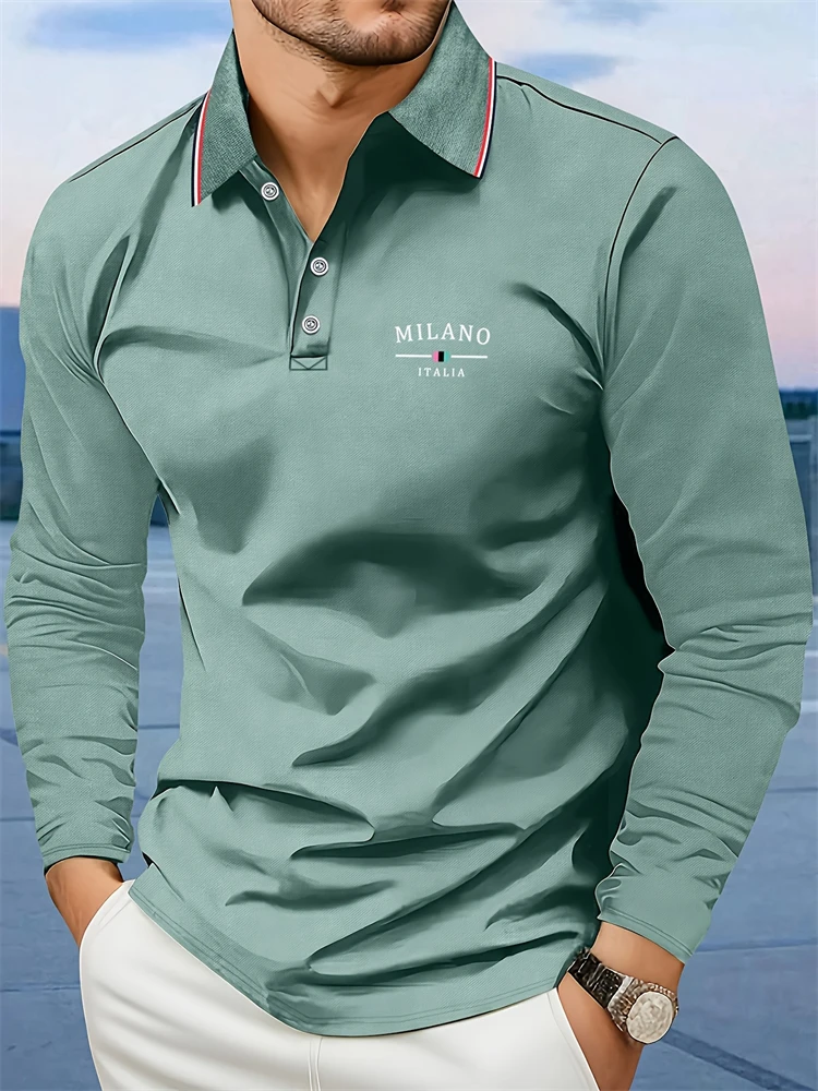 Men's Autumn Collared Polo Shirt Long-Sleeve Polo with Minimalist Stripe and Letter Print Suitable for Business Casual and Golf - view 3