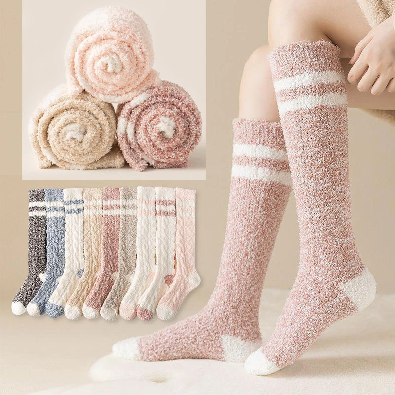 Women Thermal Cozy Fuzzy Coral Fleece Long Socks Girls Knee High Winter Thick Warm Stocking Slipper Socks Floor Hosiery