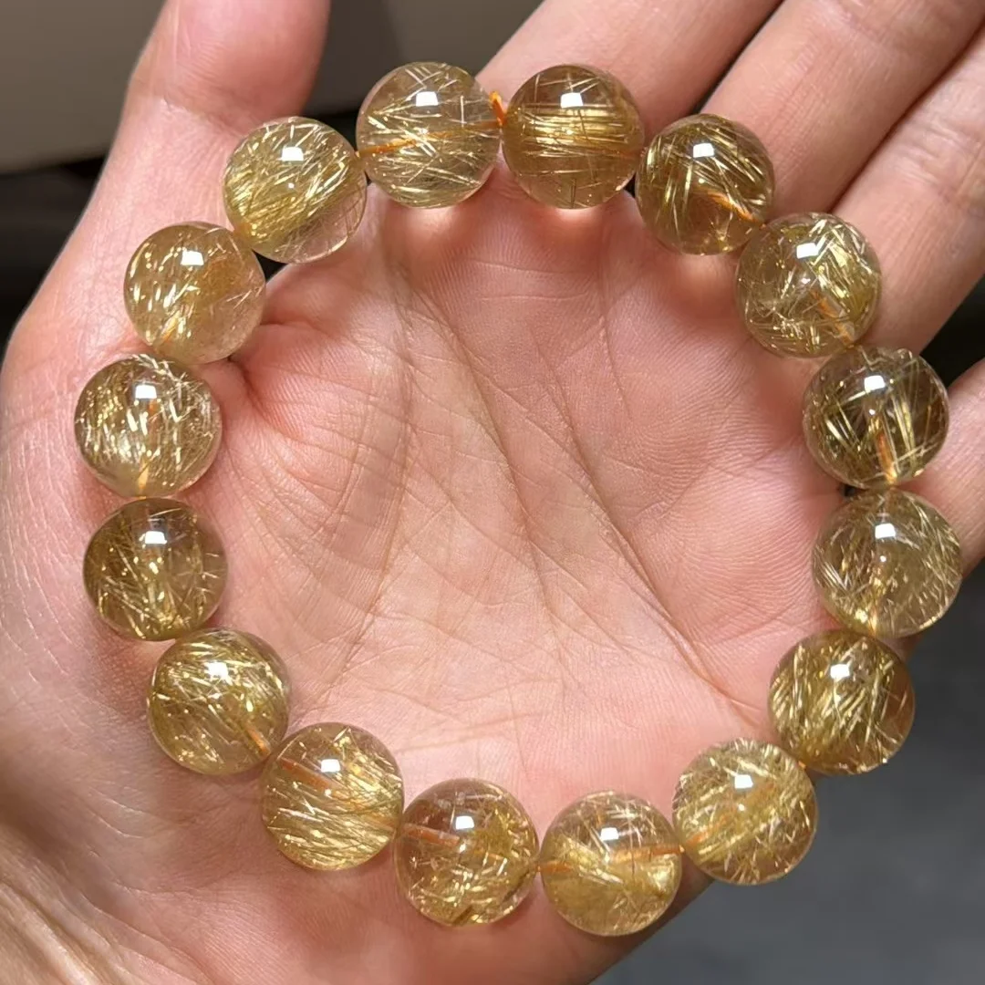 Top Natural Gold Rutilated Quartz Titanium Beads Bracelet 13.5mm Wealthy Woman Men Clear Round Beads Jewelry From Brazil AAAAAAA