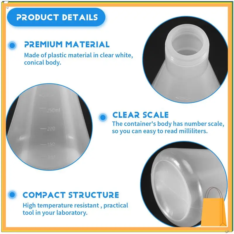 L52A-Frasco Erlenmeyer cónico de plástico graduado para laboratorio, pared gruesa y suave medible, dos botellas de 250Ml