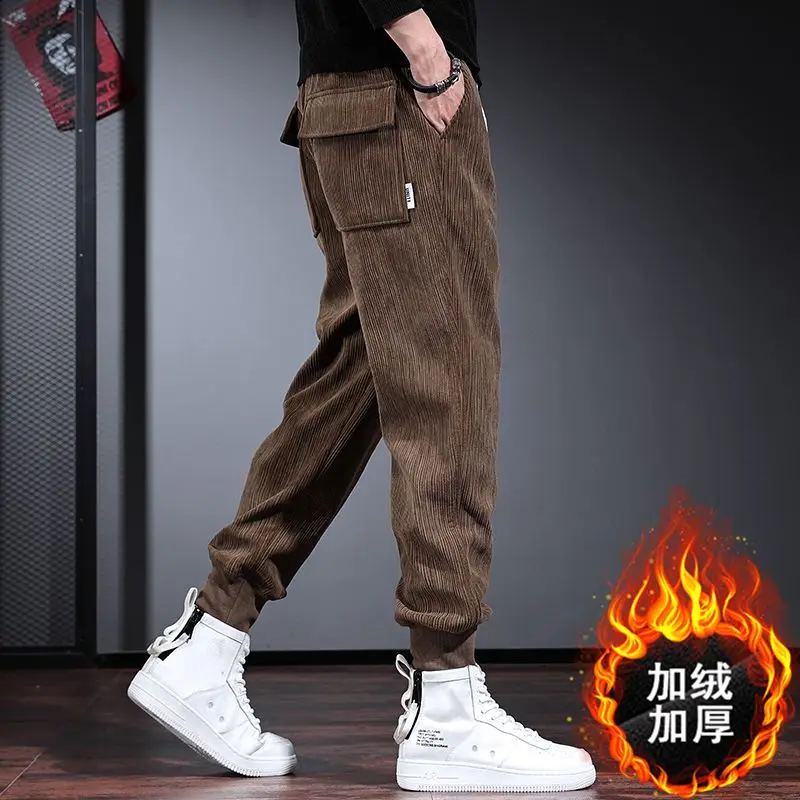 남성용 트렌디 루즈 플러스 벨벳 와이드 레그 타이 타이 피트 하이 엔드 및 캐주얼 두꺼운 코듀로이 바지