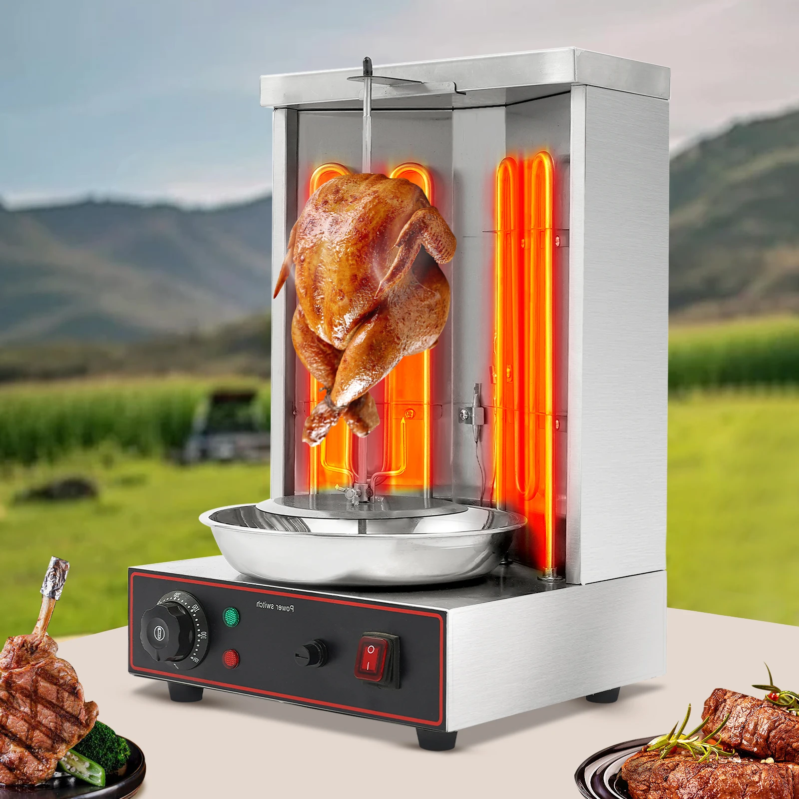 Döner-Kebab-Vertikal-Multigrill, 3 kW, Döner-Grill, Edelstahl-Grill, 0–300 Grad zum Grillen von Lamm- und Hühnerspießen