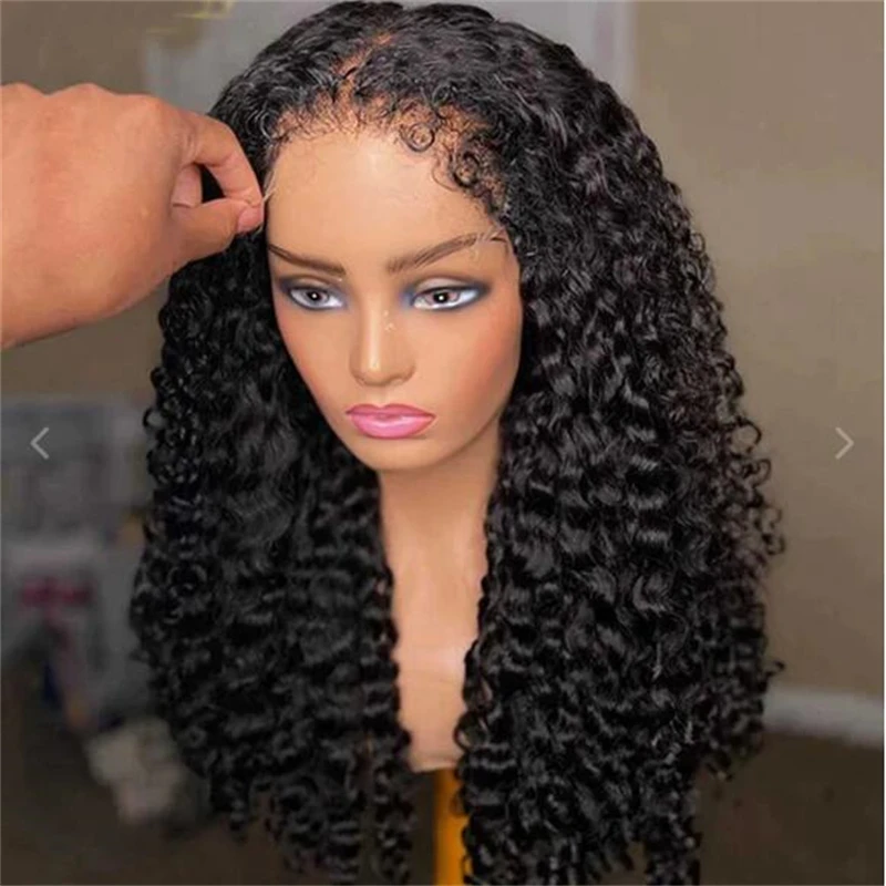 Бесклеевой 26-дюймовый мягкий натуральный черный парик 180 Плотность Длинный странный вьющийся глубокий парик фронта шнурка для женщин с волосами ребенка предварительно выщипанные ежедневно