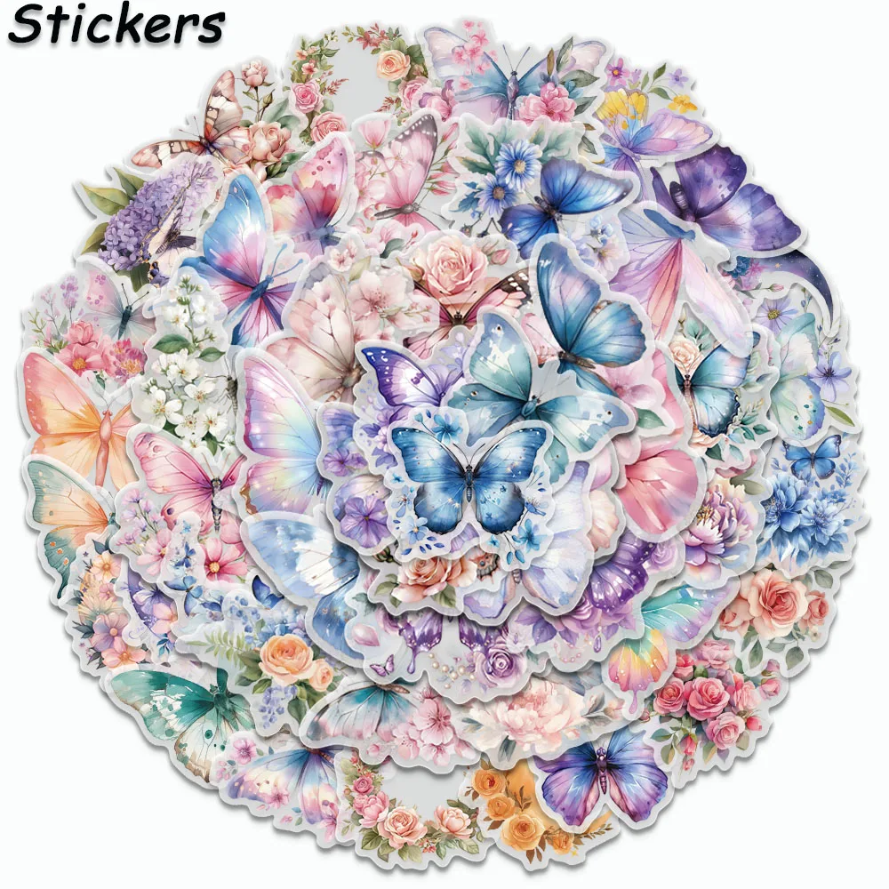 50PCS Flower Butterfly Stickers Funny Insect Toy Decals For Laptop Luggage Refrigerator Helmet Notebooks PET Waterproof Stickers