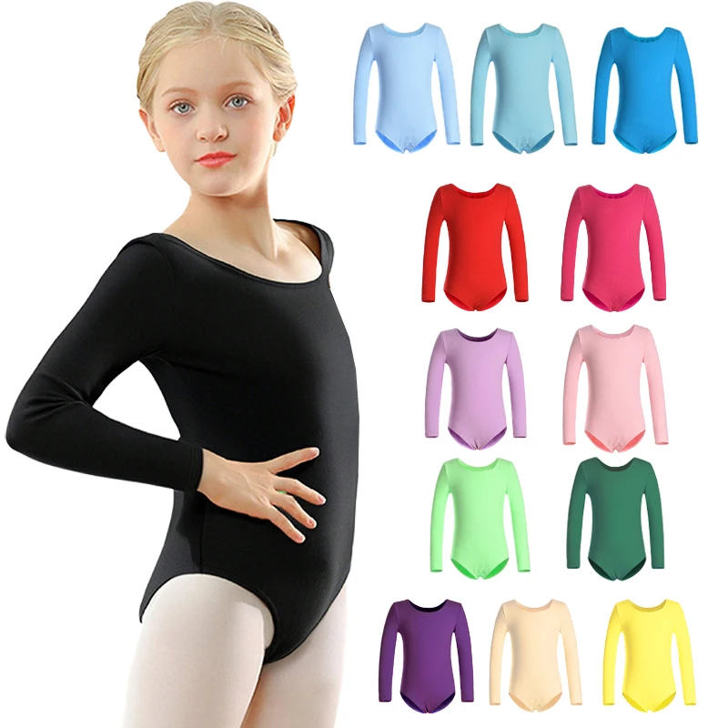Girls Ballet Dance Leotards Team Basic Bodysuits for Kids Classic Solid color Long Sleeves Dancewear