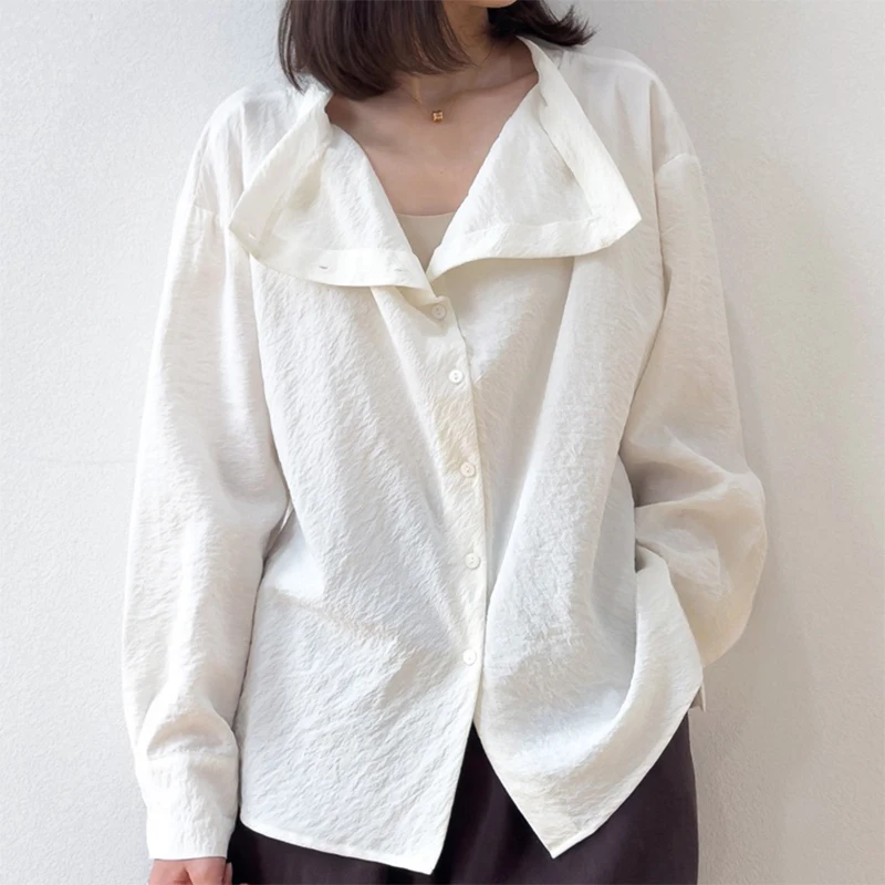 

Women Silk Shirt 76% Mulberry Silk 24% Nylon Crinkle Silk Solid White Loose Long Sleeve Buttons Down Top Blouse Office M1318