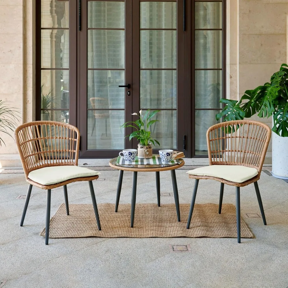 

3 Piece Outdoor Wicker Furniture Patio Bistro Set, Outdoor Patio Chairs Set with Table with Cushion for Porch Poolside Garden Ba
