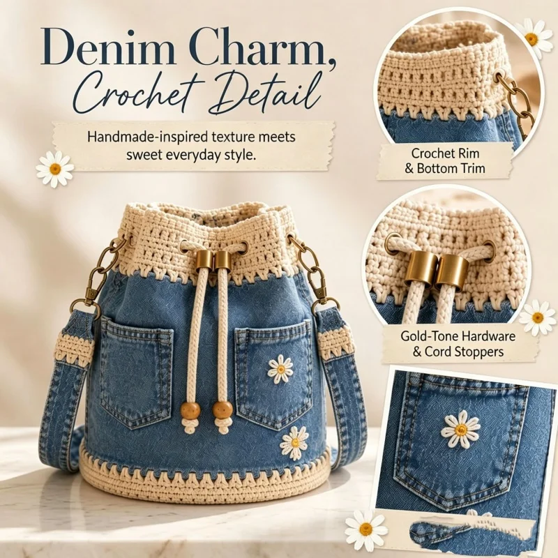 Denim Crochet Bucket Bag Handmade Crochet Flower Tote Drawstring Crossbody Bag Knit Floral Purse Bag Women Vacation Shoulder Bag