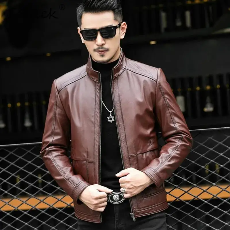 Tcyeek الطبقة العليا جلد البقر ربيع الخريف النسخة الكورية من الوقوف طوق قصيرة الرجال سترة جلدية حقيقية Jaquetas Masculino