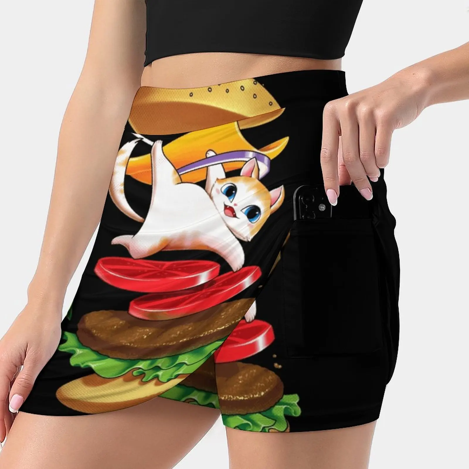 

Hamburger Cat Women'S Summer Fake Two Piece Skirts Casual Sports Beach Skirt Girl Skorts Hamburger Food Hamburger Lover I Love