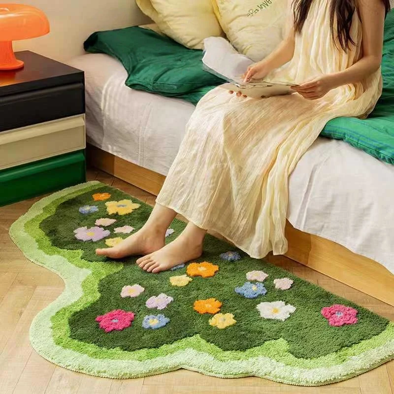 1pc Moss-Patterned Cashmere-Like Bedside Rug for Bedroom Non-Slip Home Carpet Stain-Resistant and Easy-Care Sofa Throw
