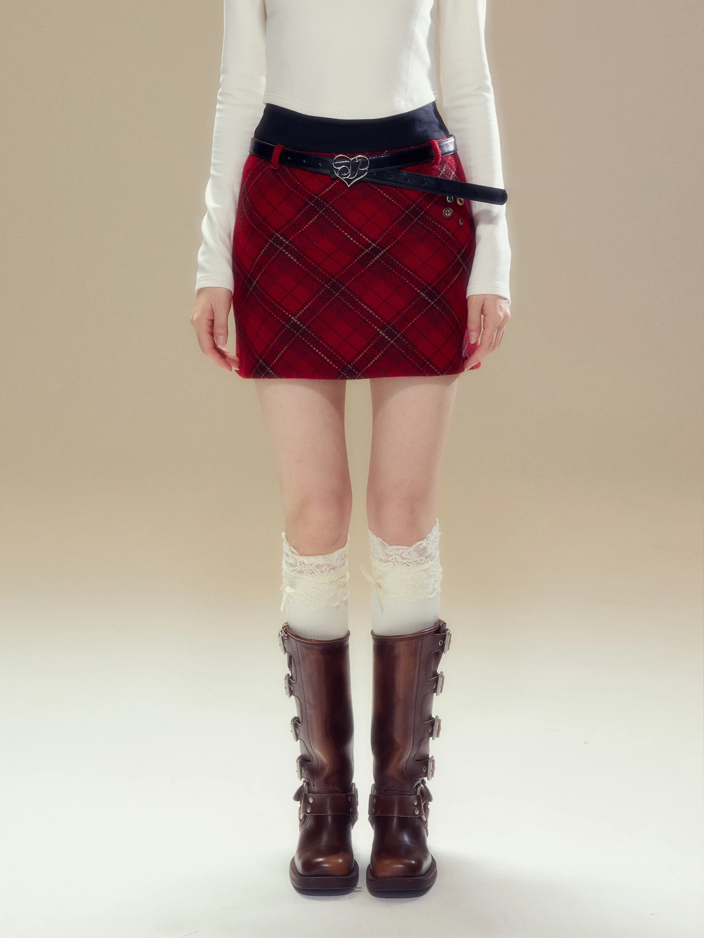 

SunsetPark Red Plaid Woolen Skirt Retro High Waist A-Line Skirt for Women Winter Collection Polyester Viscose