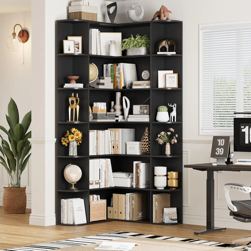 رف كتب زاوية طويل 74 بوصة، رف كتب من 6 طبقات وخزانة كتب مع مساحة تخزين مفتوحة، خزائن كتب طويلة على شكل حرف L، رف تخزين خشبي