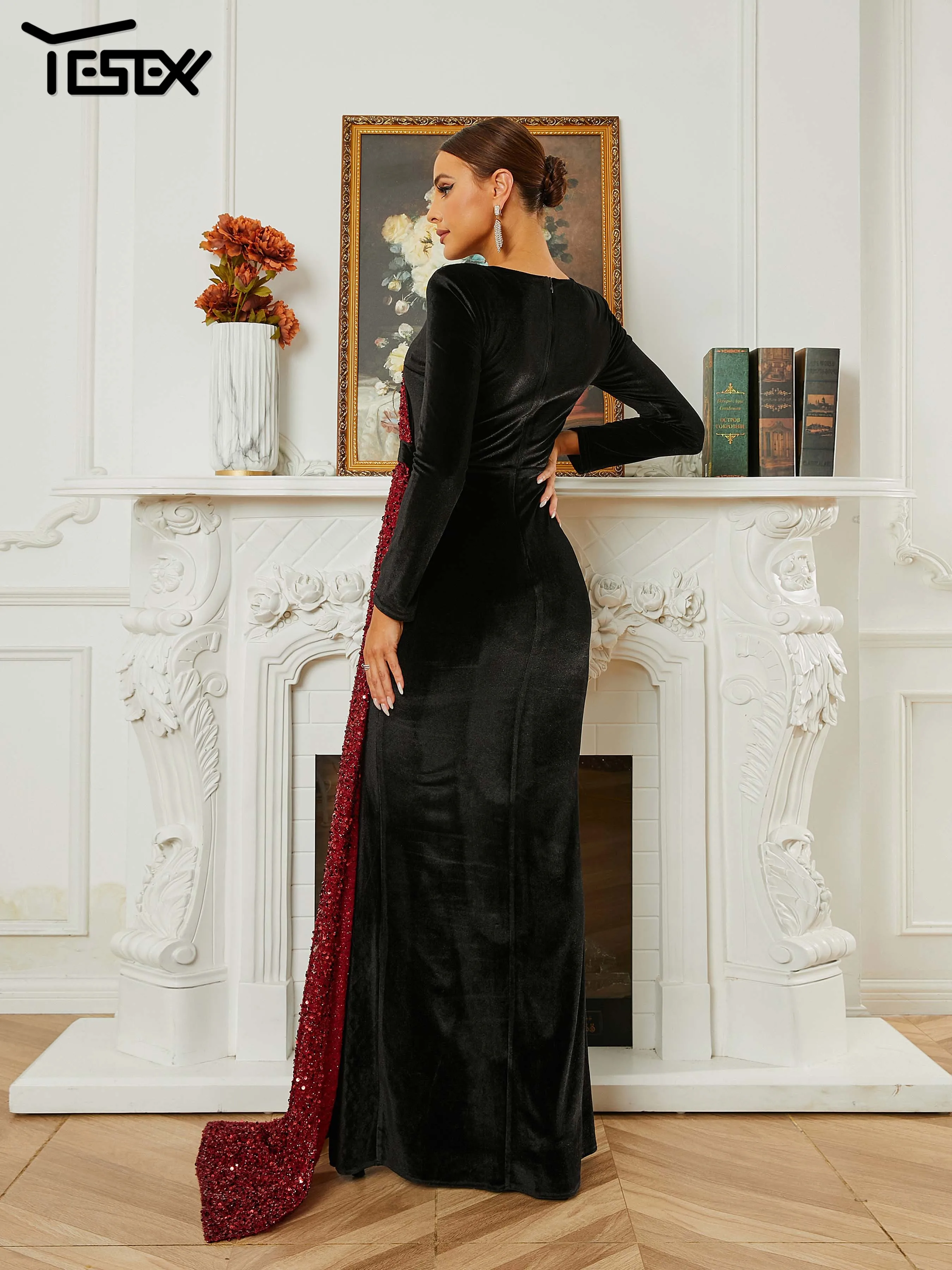 Yesexy Chic Elegant Woman Dress Formal Draped Velvet Black Split Evening Cocktail Prom Dress