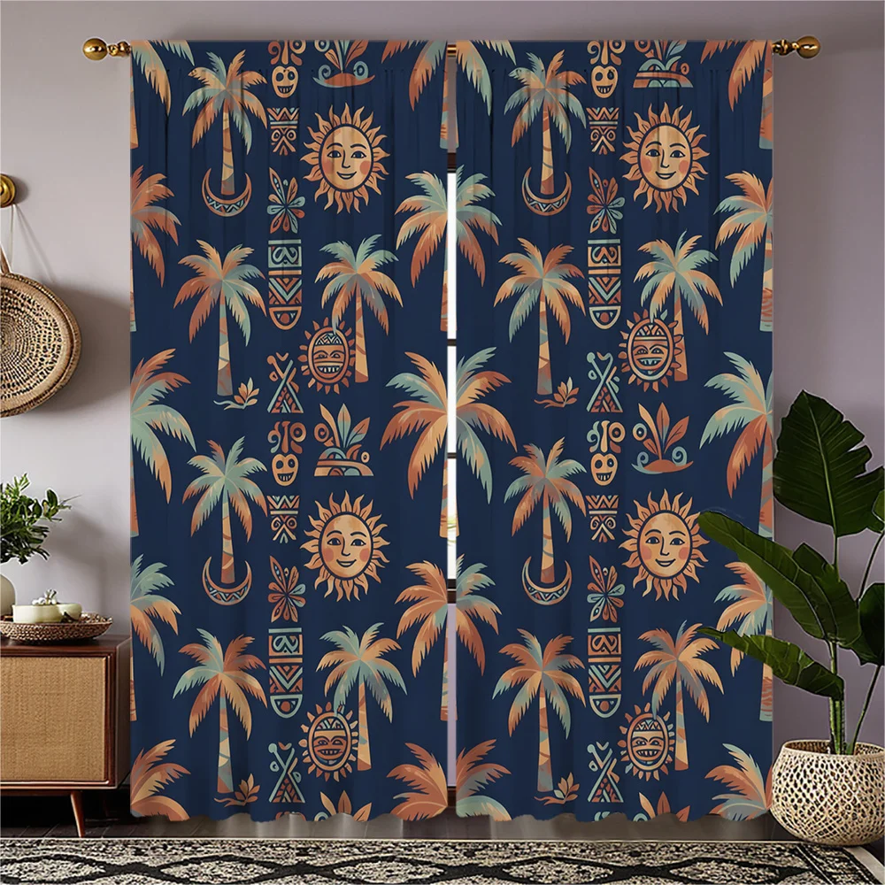 

Tropical Palm Leaf Curtain Navy Blue Boho Beach Window Treatment Curtains for Jungle Style Home Decor
