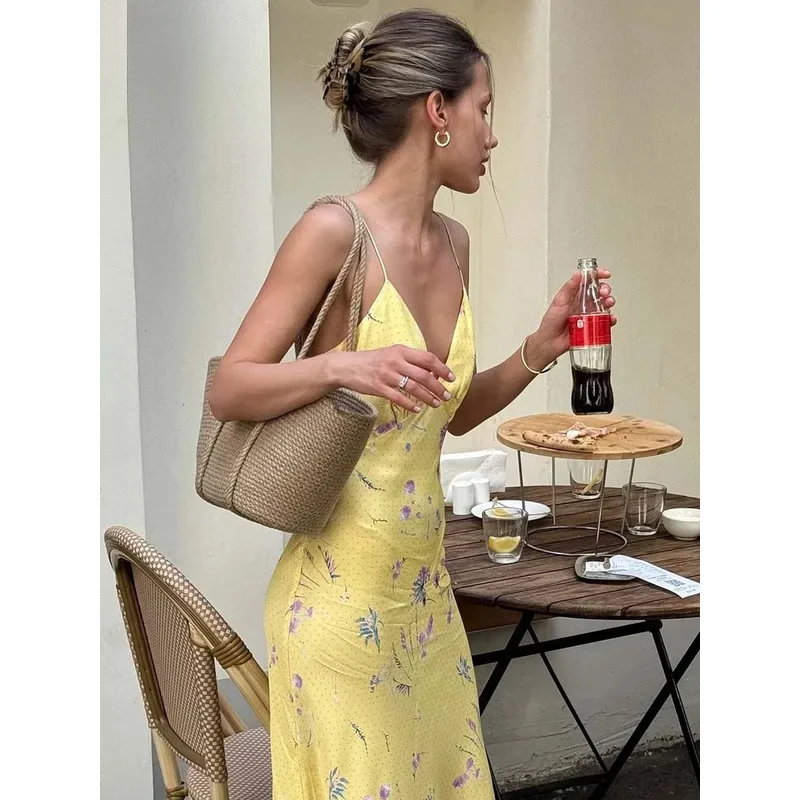 Bonny Casual Yellow Print Women's Dress Elegant Spaghetti Strap Open Back Dresses Autumn Fashion High Waist Ankle-Length Dress