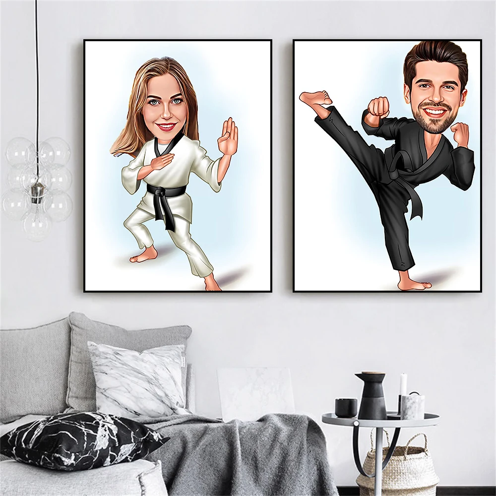 Custom Martial Arts Cartoon Portraits Poster Personalized Female Fitness Prints Custom Caricature from Photo Sports Canvas Print