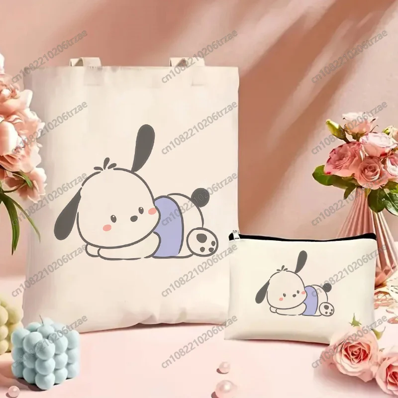 

Kawaii Pochacco Summer Beach Casual Tote Bag Set Unisex Canvas Bags Shopping Bags Printed Casual Shoulder Bag Makeup Bag